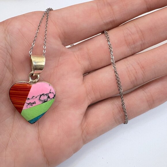 VTG Sterling Silver 925 Multi Stone Colorful Heart Pendant Necklace 18" Length - Picture 5 of 13